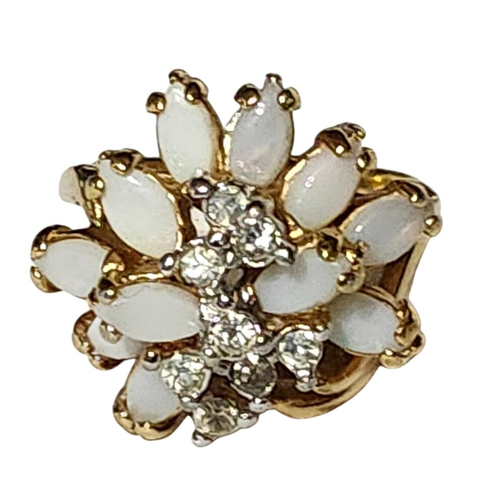Vintage Sarah Coventry 18KT HGE Faux Opal Rhinestone Ring 8.5